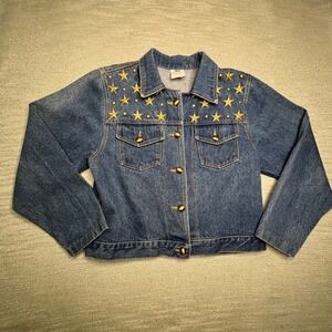 Western 80s Jean Denim Jacket Gold Star Studded Embroidered Cowgirl 7/8 Juniors